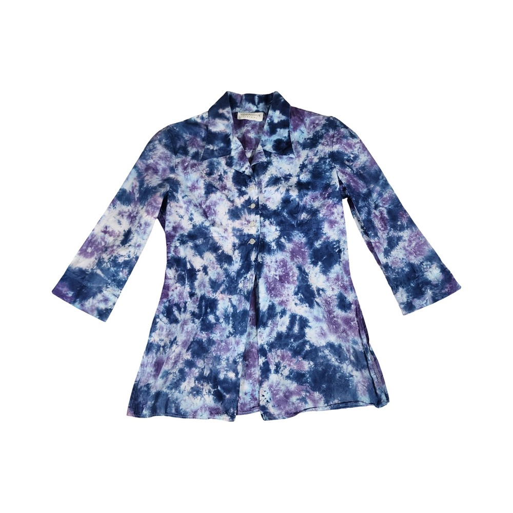 Younique Clothing Women Blue Purple Tie‎ Dye Button Up Blouse Large 3/4 Sleeve